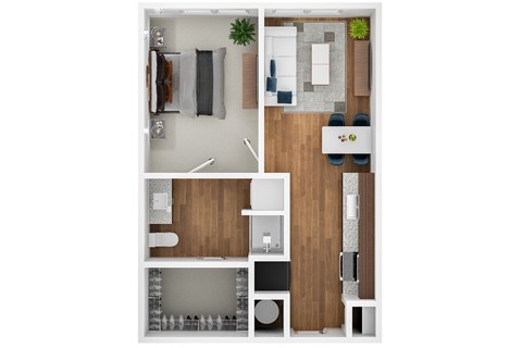A top-down view of a small apartment with a kitchen, living room, and bathroom.